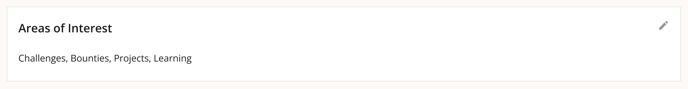 Screenshot highlighting the "Areas of Interest" section of the user profile page, showing selected interests like "Challenges" and "Bounties."
